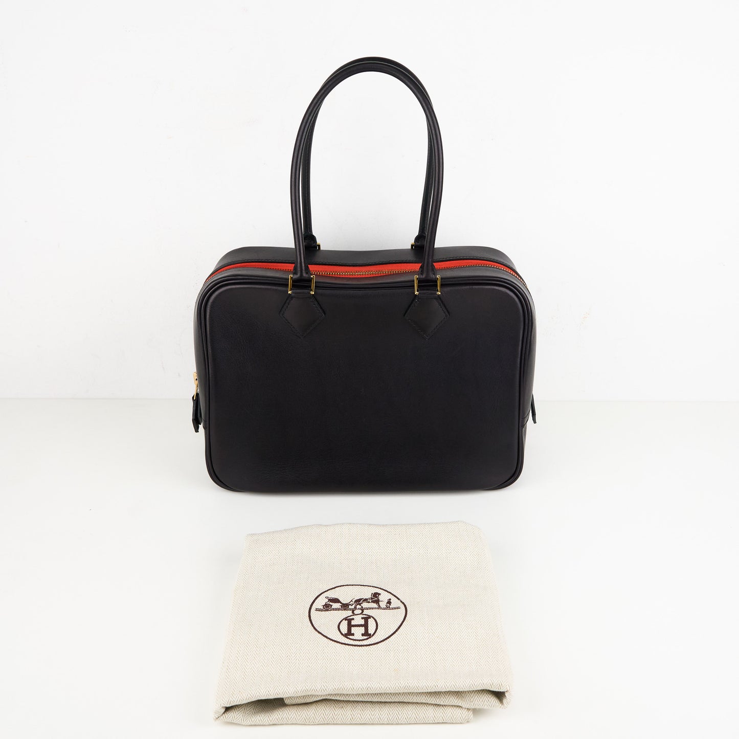 Hermes|Plume 28 Handbag Evergrain Black/Orange Poppy 2016