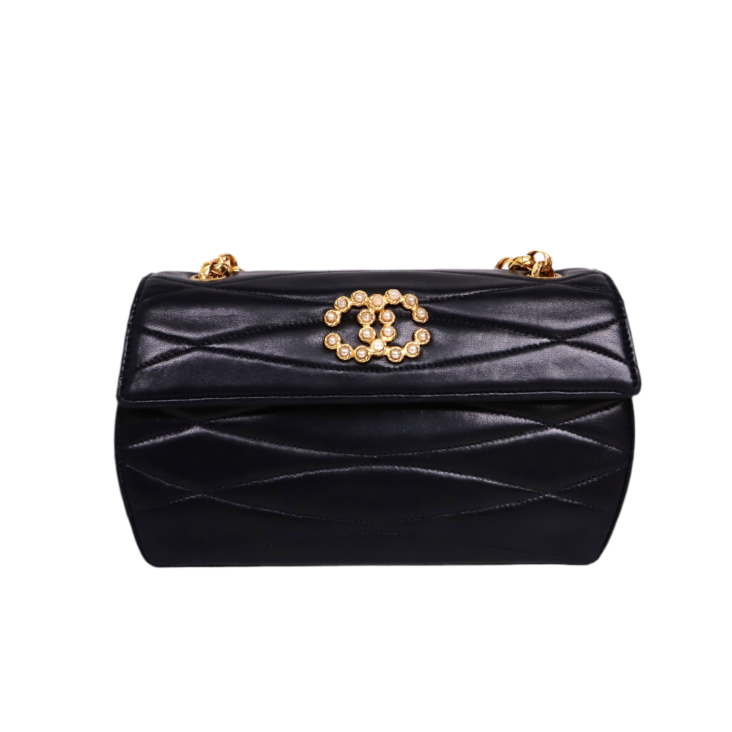 Chanel|珍珠Logo 雕花链条单肩包 黑色2******