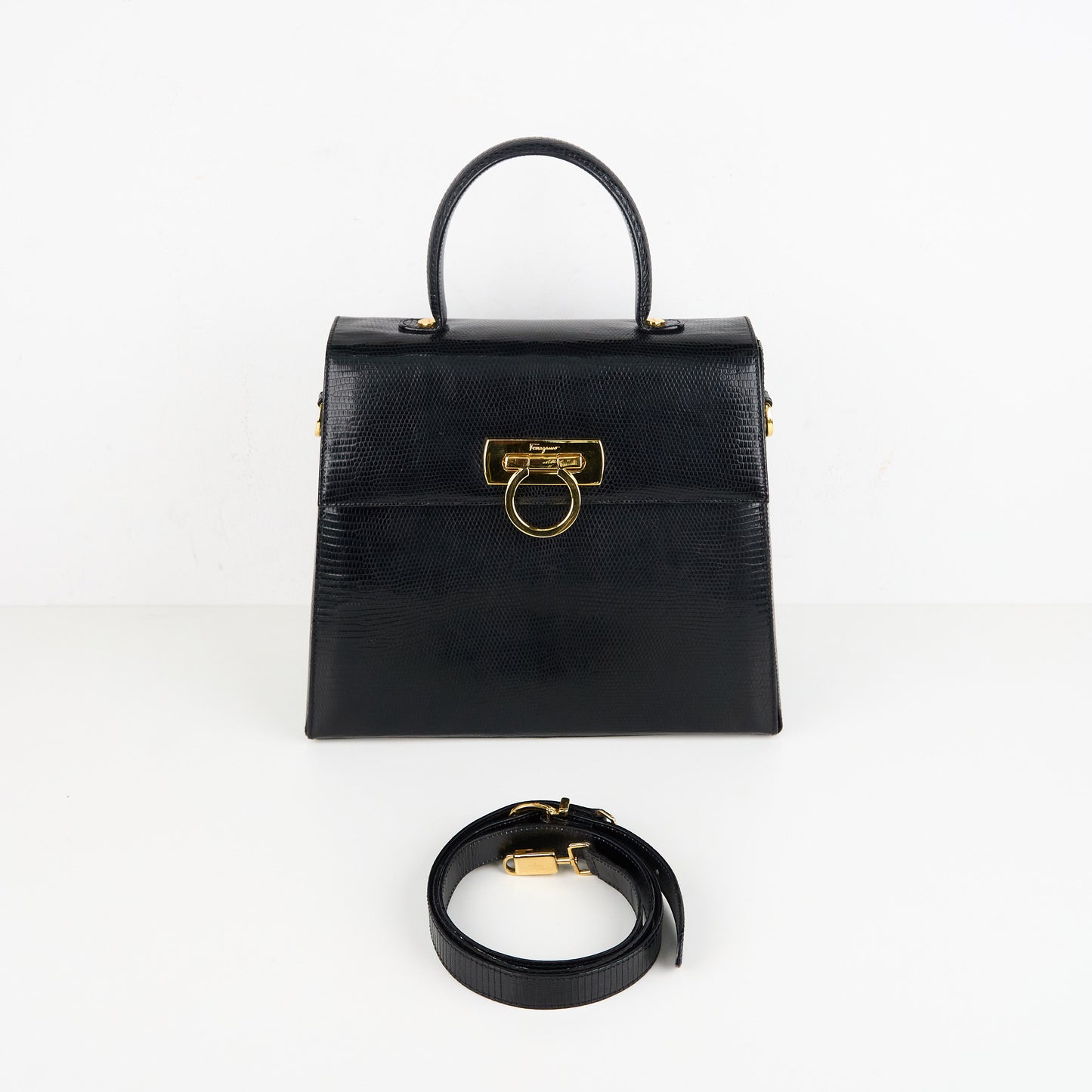Ferragamo| Black Lizard Gancini Handbag