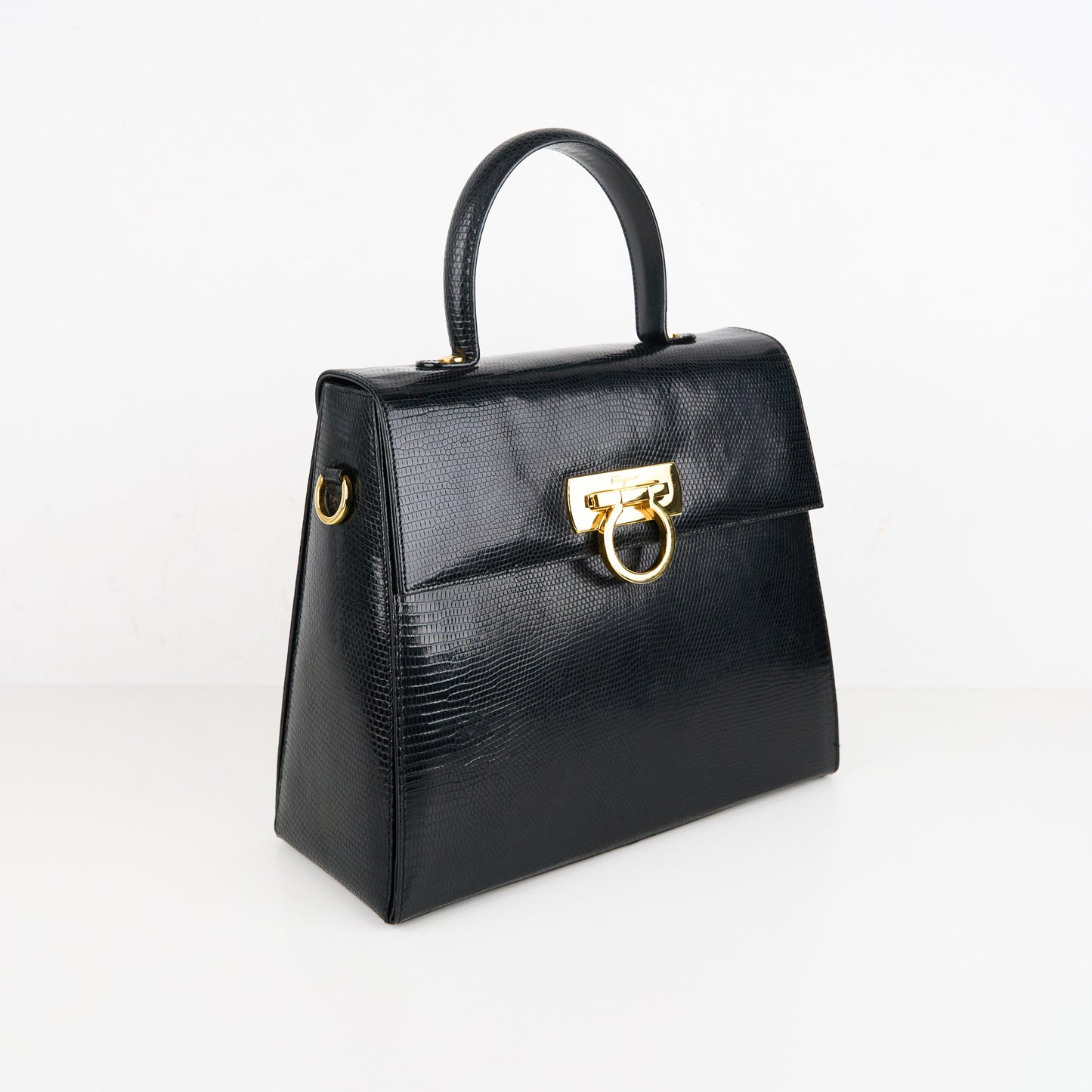 Ferragamo| Black Lizard Gancini Handbag