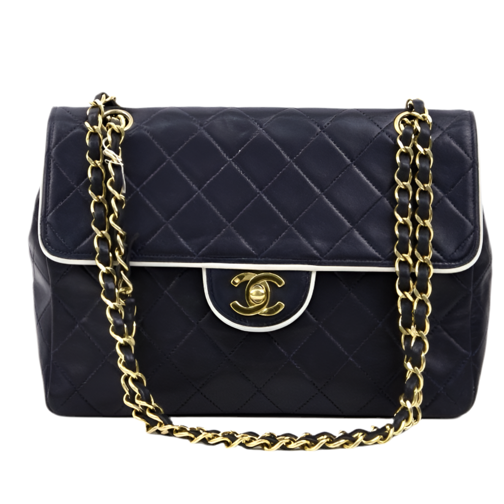 Chanel|海军蓝滚边方胖子链条包单肩包 小羊皮1*****