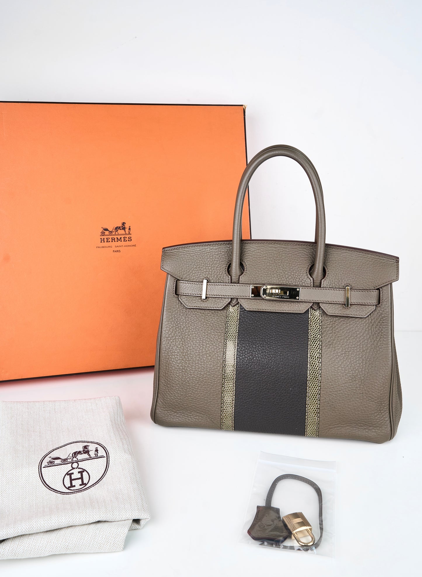 Hermes|Birkin 30 Club Togo/Lizard Etain/Graphite/Vert Olive 2011