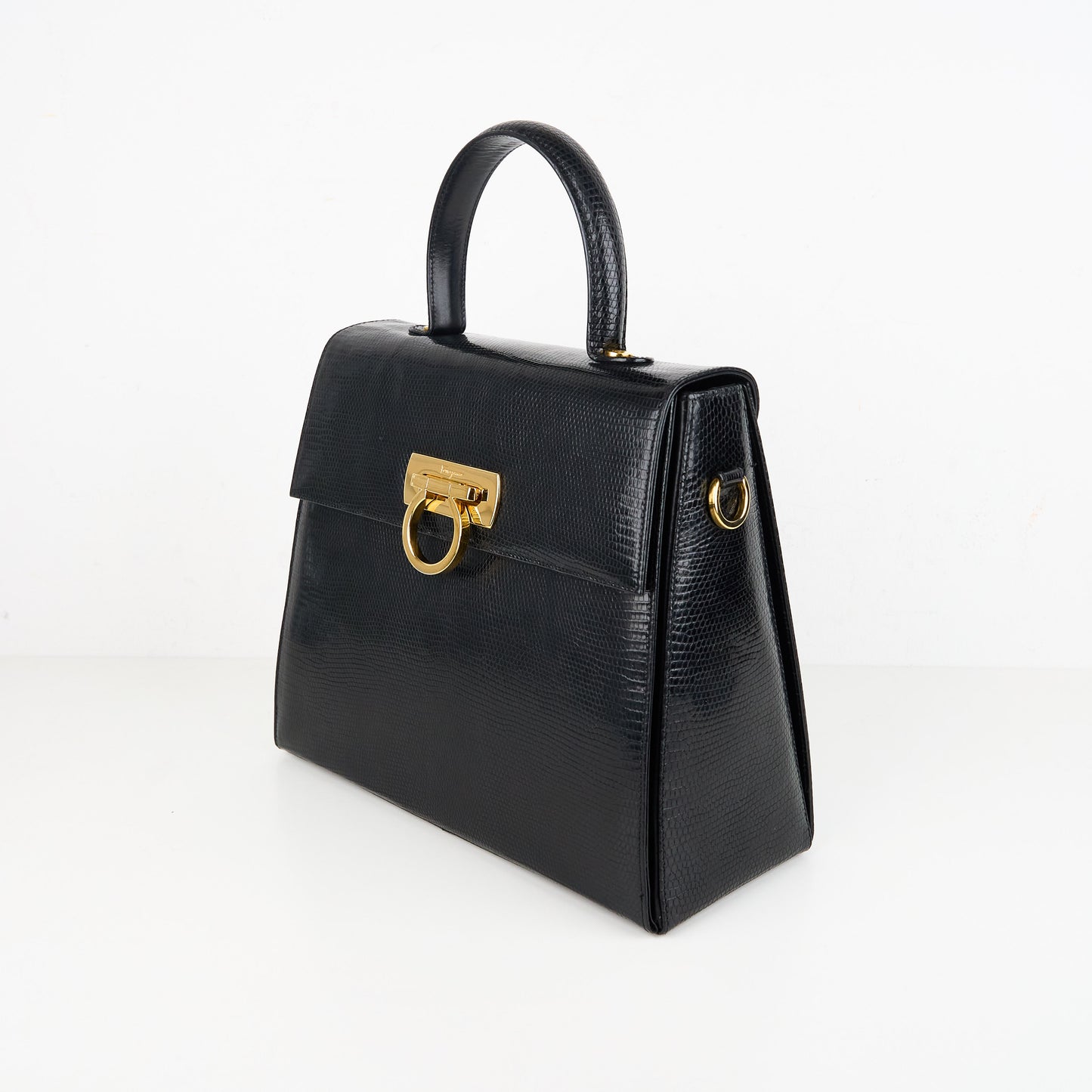 Ferragamo| Black Lizard Gancini Handbag