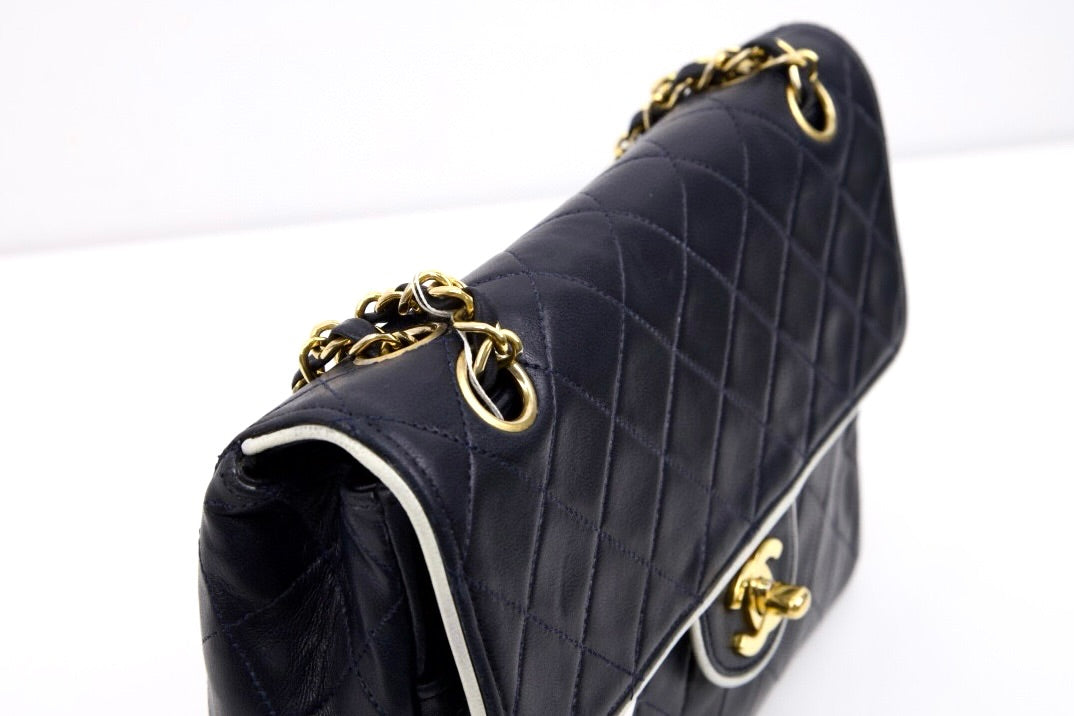 Chanel|海军蓝滚边方胖子链条包单肩包 小羊皮1*****