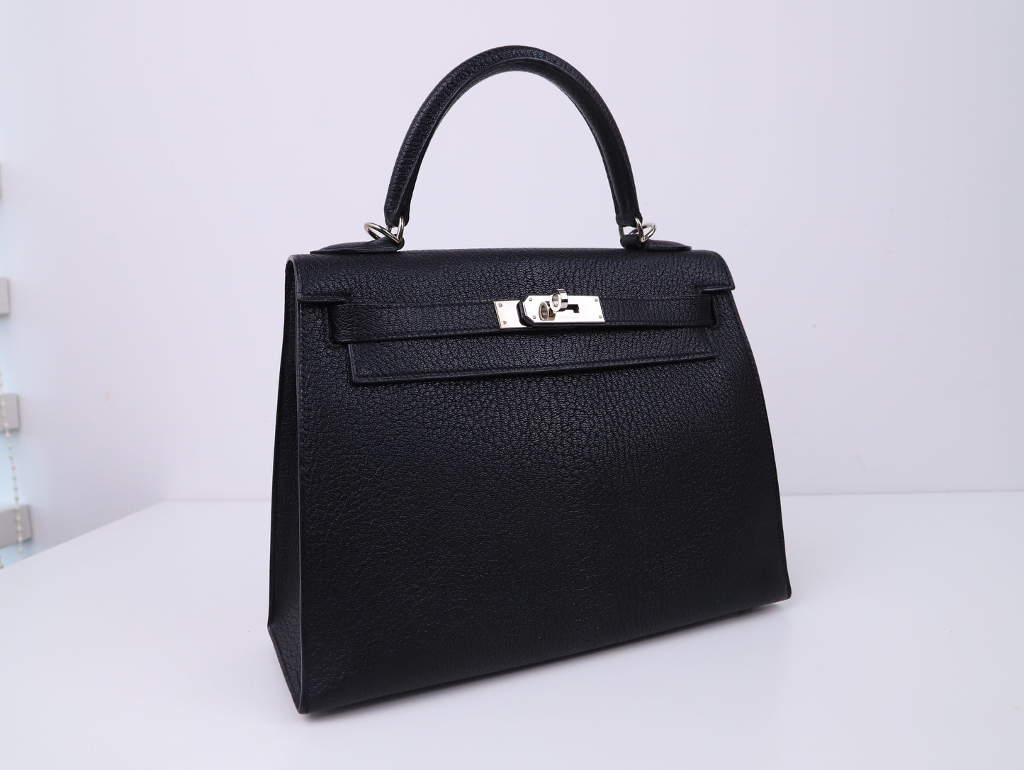 Hermes|Kelly 28黑色山羊皮手提包 口J 2006