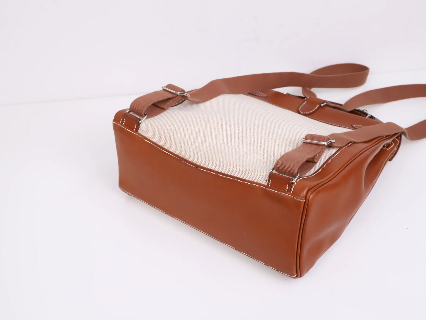 Hermes Kelly Ado GM backpack in Barenia/Canvas Fauve ,corner 2