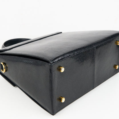 Ferragamo｜ Black Lizard Gancini Handbag