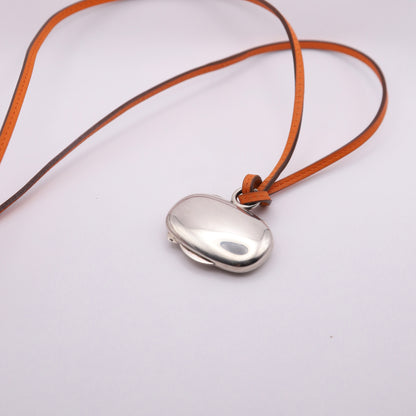 Hermes Sterling Silver 925 Pill Case Orange Leather Necklace，back view