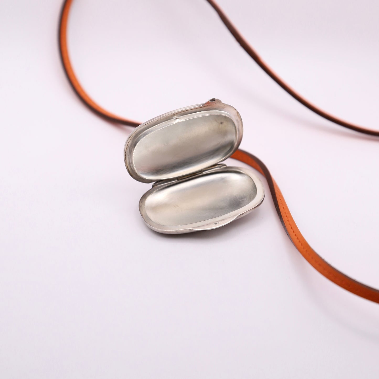 Hermes Sterling Silver 925 Pill Case Orange Leather Necklace