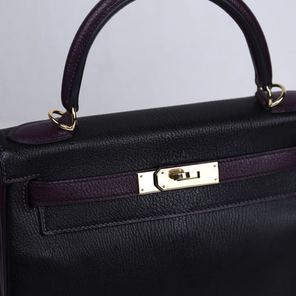 Hermes｜Special Order Kelly 28 Handbag Black/Raisin Cherve 2019