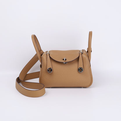 Hermes Lindy Mini in Biscuit Taurillon Clemence Shoulder Bag 2023, front view