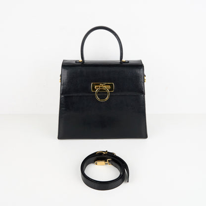 Ferragamo｜ Black Lizard Gancini Handbag