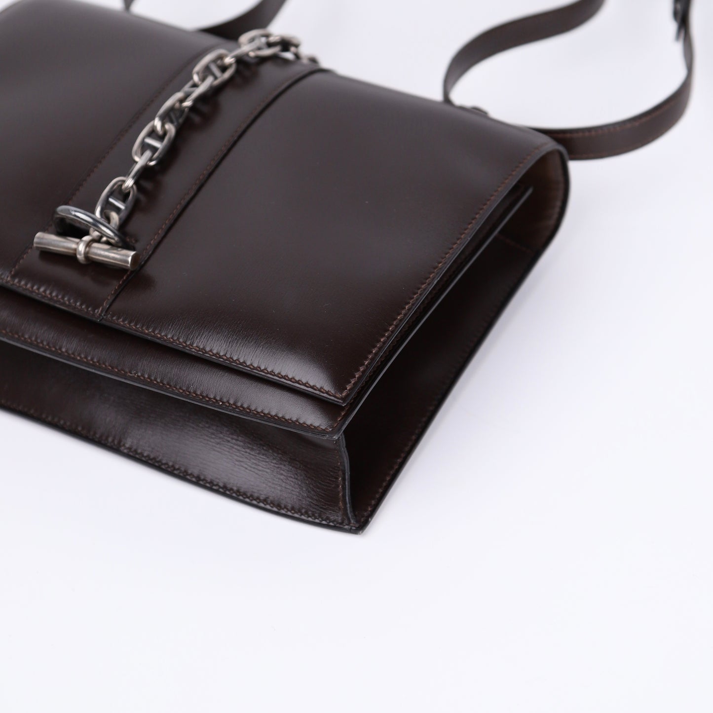 Hermes Sterling Silver Chaine d'Ancre Bag in Box Calf Ebene 1972, corner2