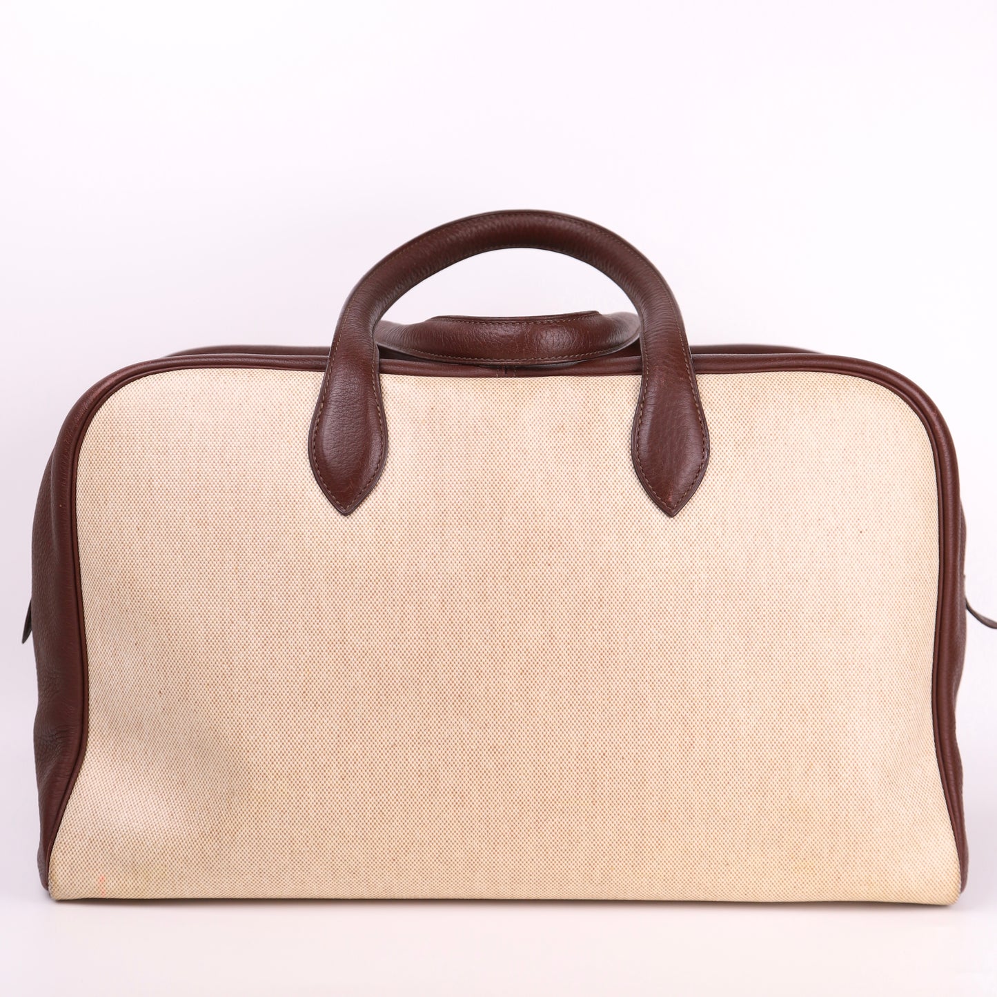 Hermes Victoria 43 Handbag in Togo/Canvas Chocolat，front view