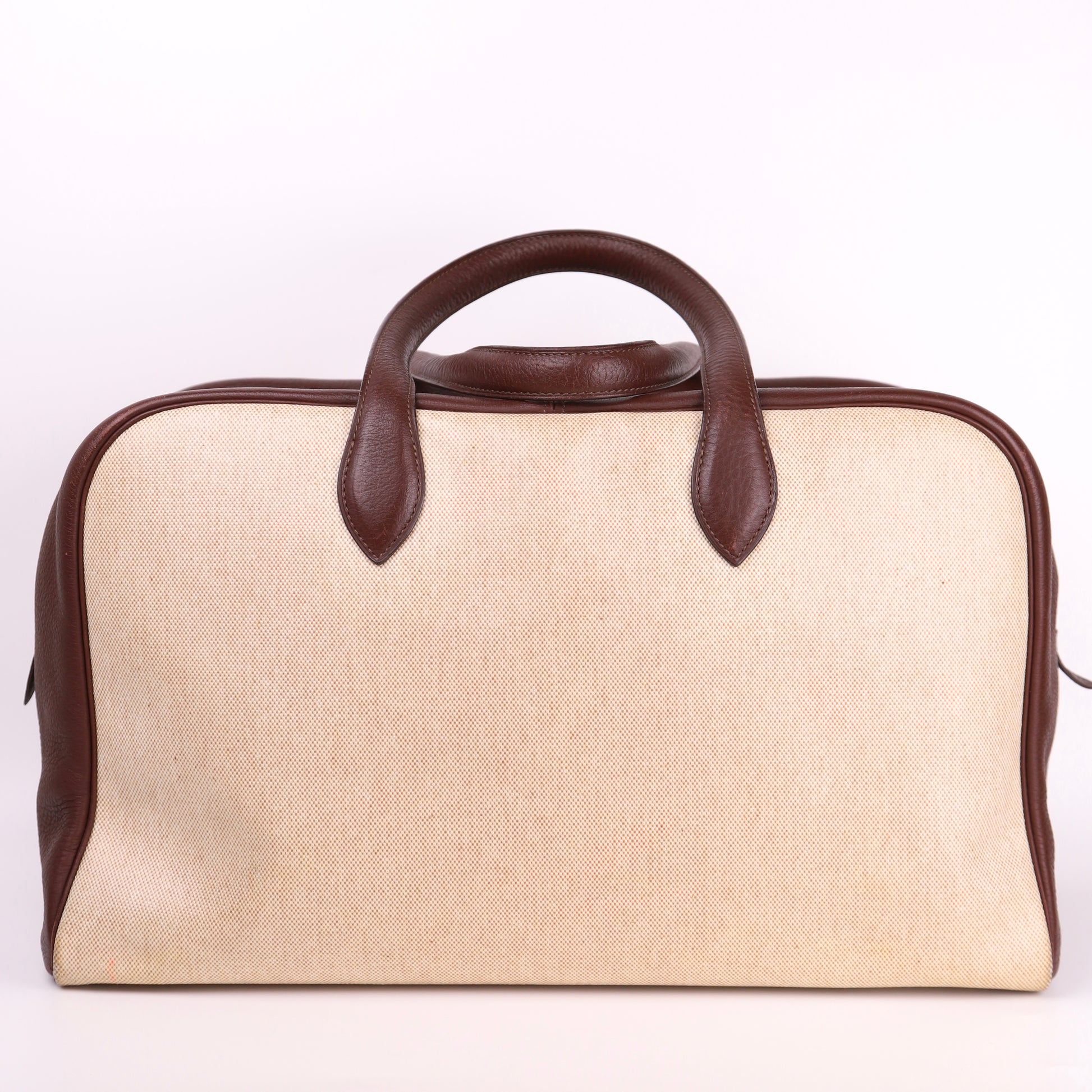 Hermes Victoria 43 Handbag in Togo/Canvas Chocolat，front view