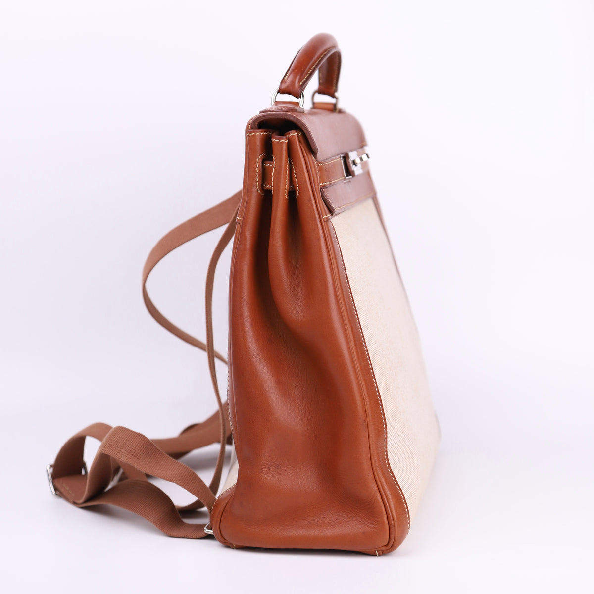 Hermes Kelly Ado GM Backpack in Barenia/Canvas Fauve 2001 PHW, left side