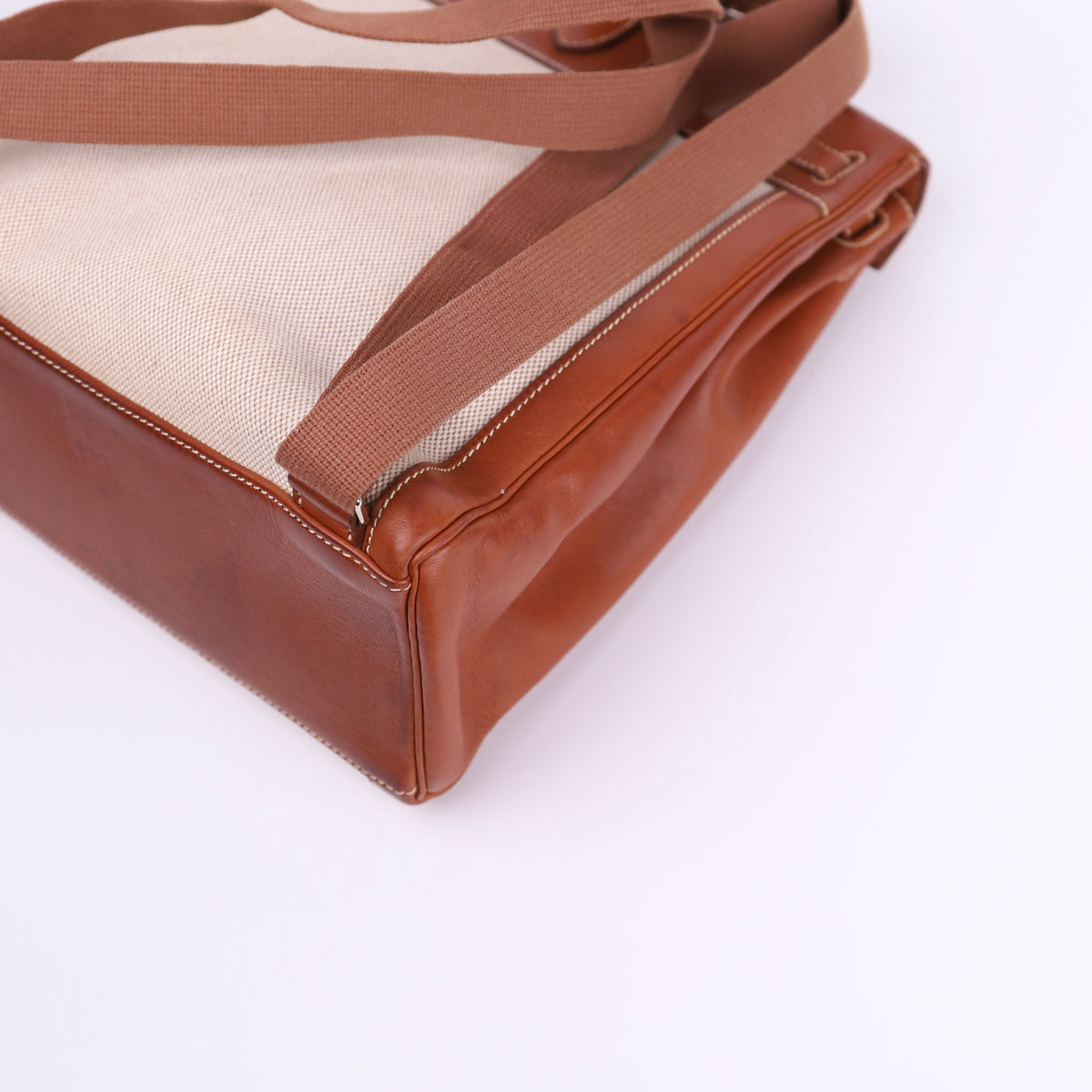 Hermes Kelly Ado GM Backpack in Barenia/Canvas Fauve 2001 PHW, corner4