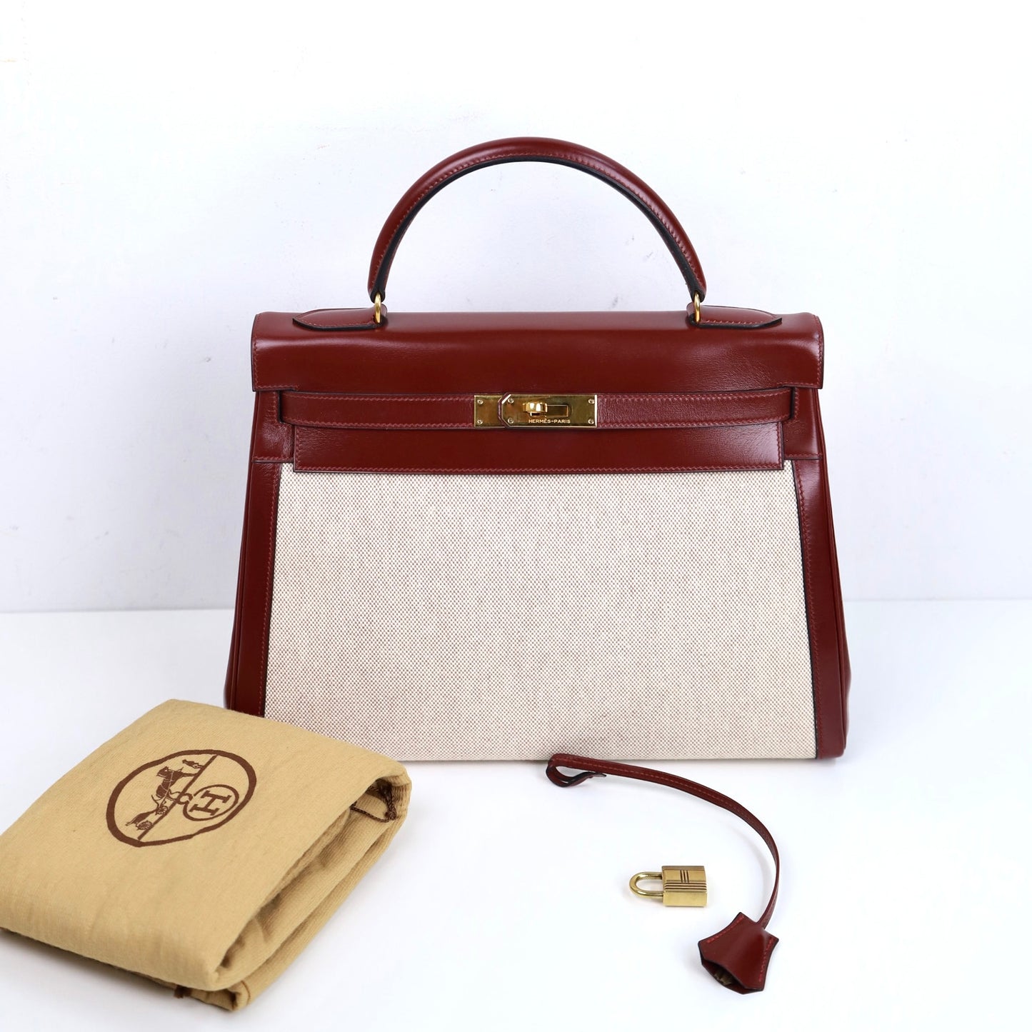 Hermes｜Kelly 32 Handbag Burgundy Box Calf Canvas 1984