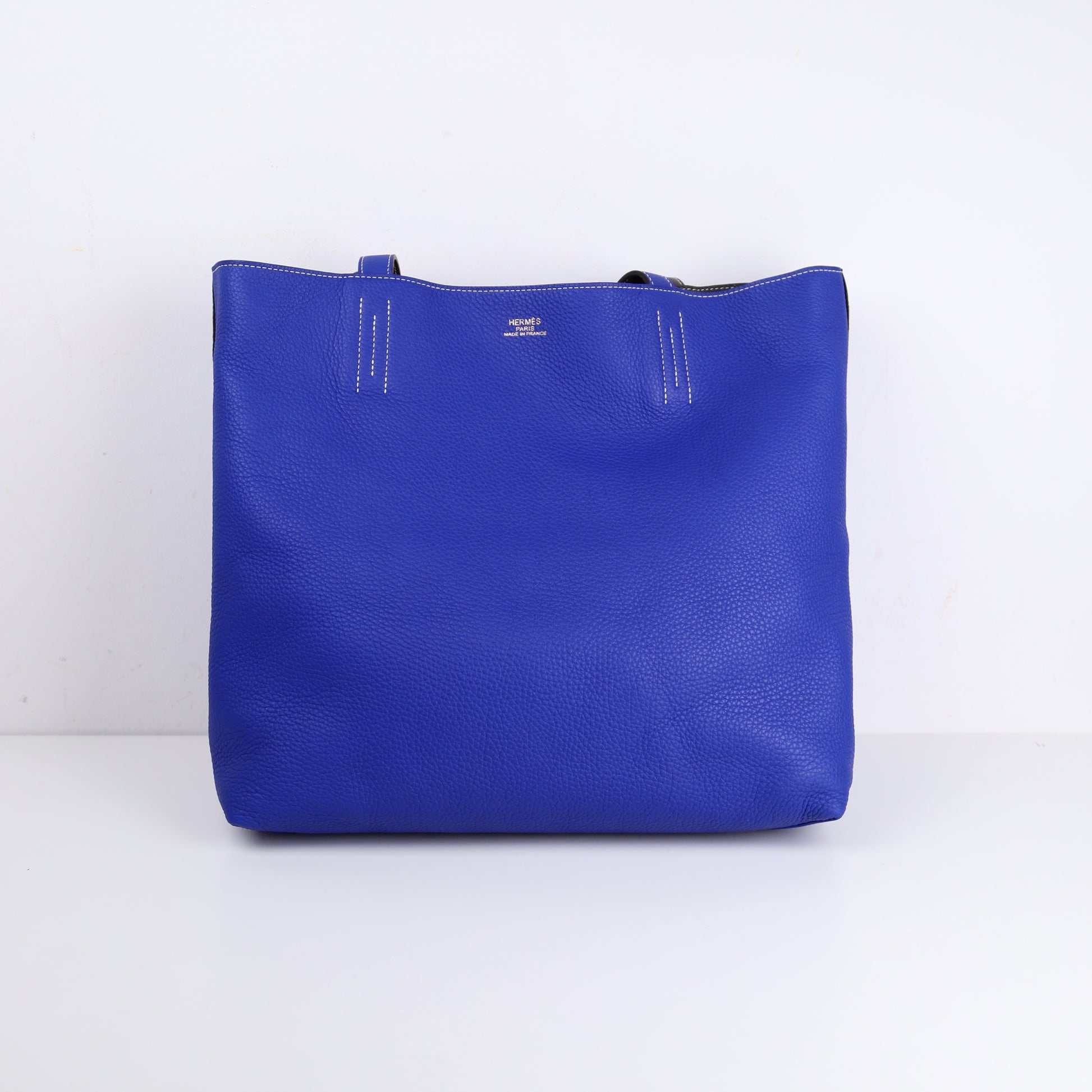 Hermes Double Sens Reversible Tote Bag in Togo Etain / Blue Electric 2010，inside front