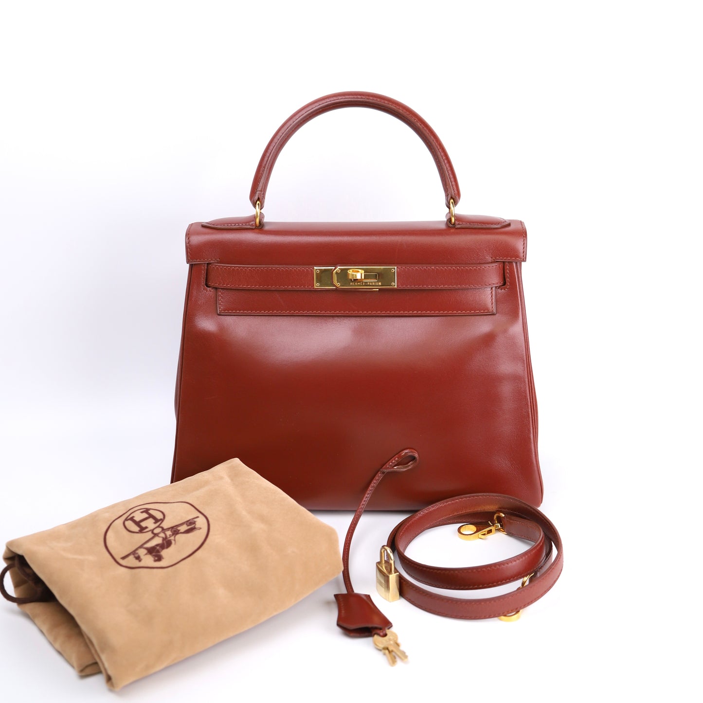 Hermes Kelly 28 Handbag in Box Calf Rouge H 1996, full view
