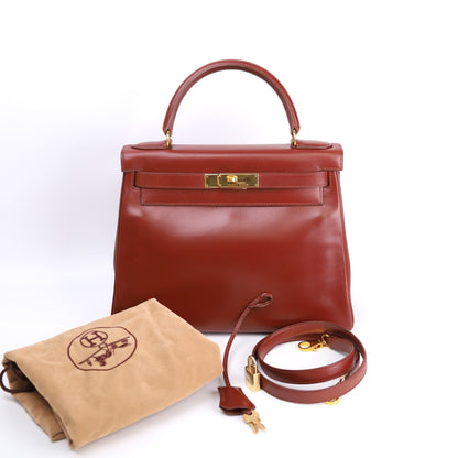 Hermes Kelly 28 Handbag in Box Calf Rouge H 1996, full view