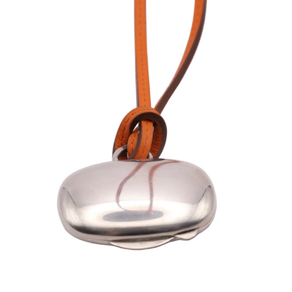 Hermes Sterling Silver 925 Pill Case Orange Leather Necklace，front view