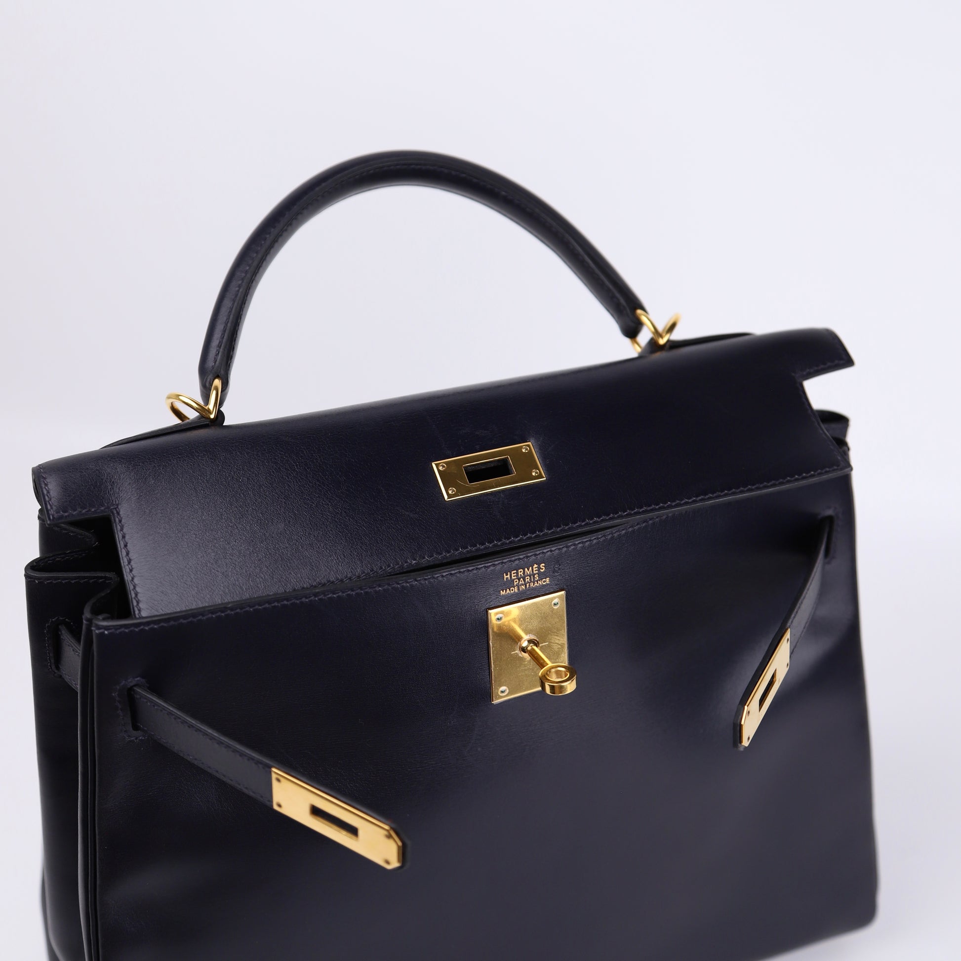 Hermes Kelly 32 in Box Calf Blue Marine 2000,logo