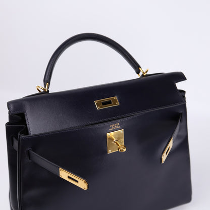 Hermes Kelly 32 in Box Calf Blue Marine 2000,logo