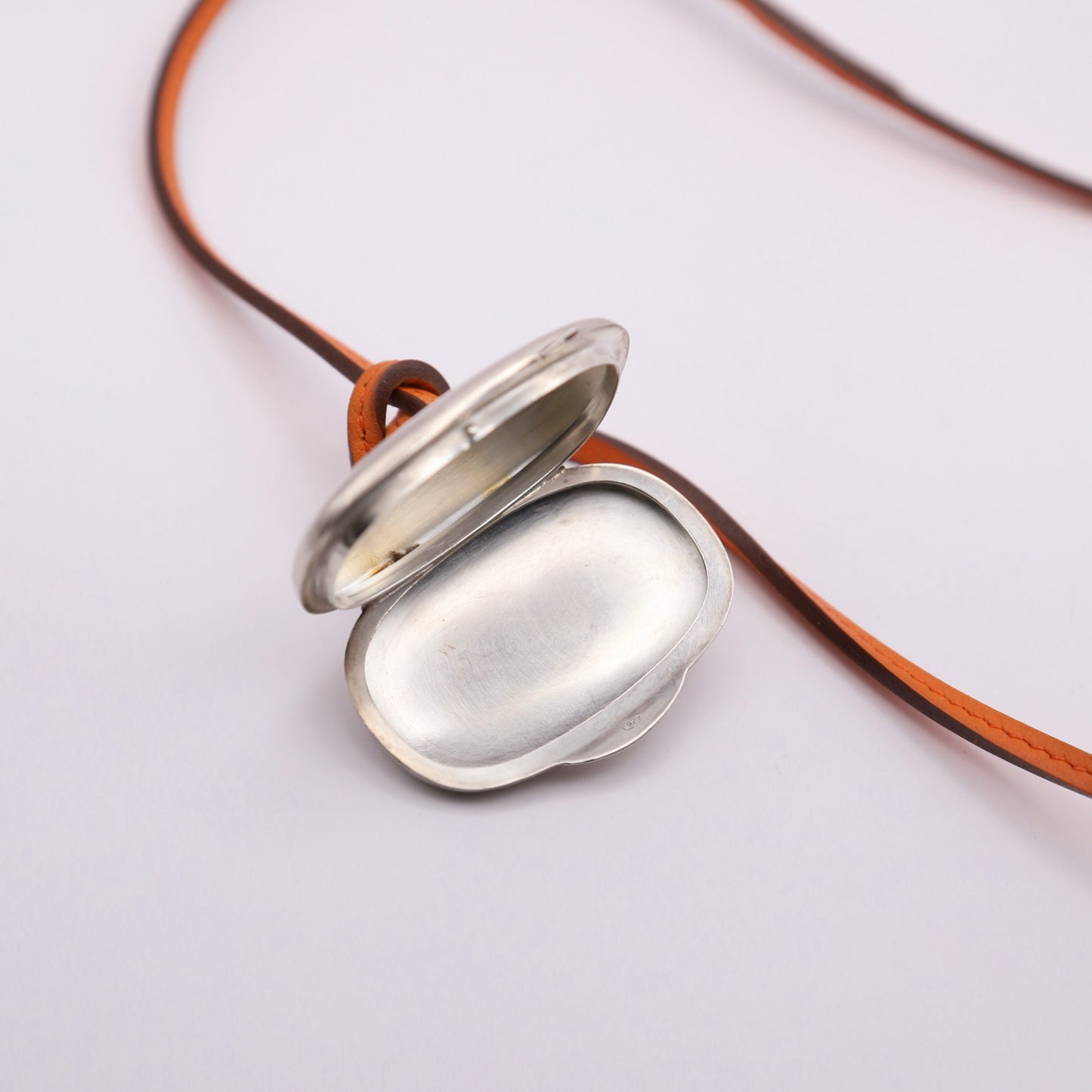 Hermes Sterling Silver 925 Pill Case Orange Leather Necklace