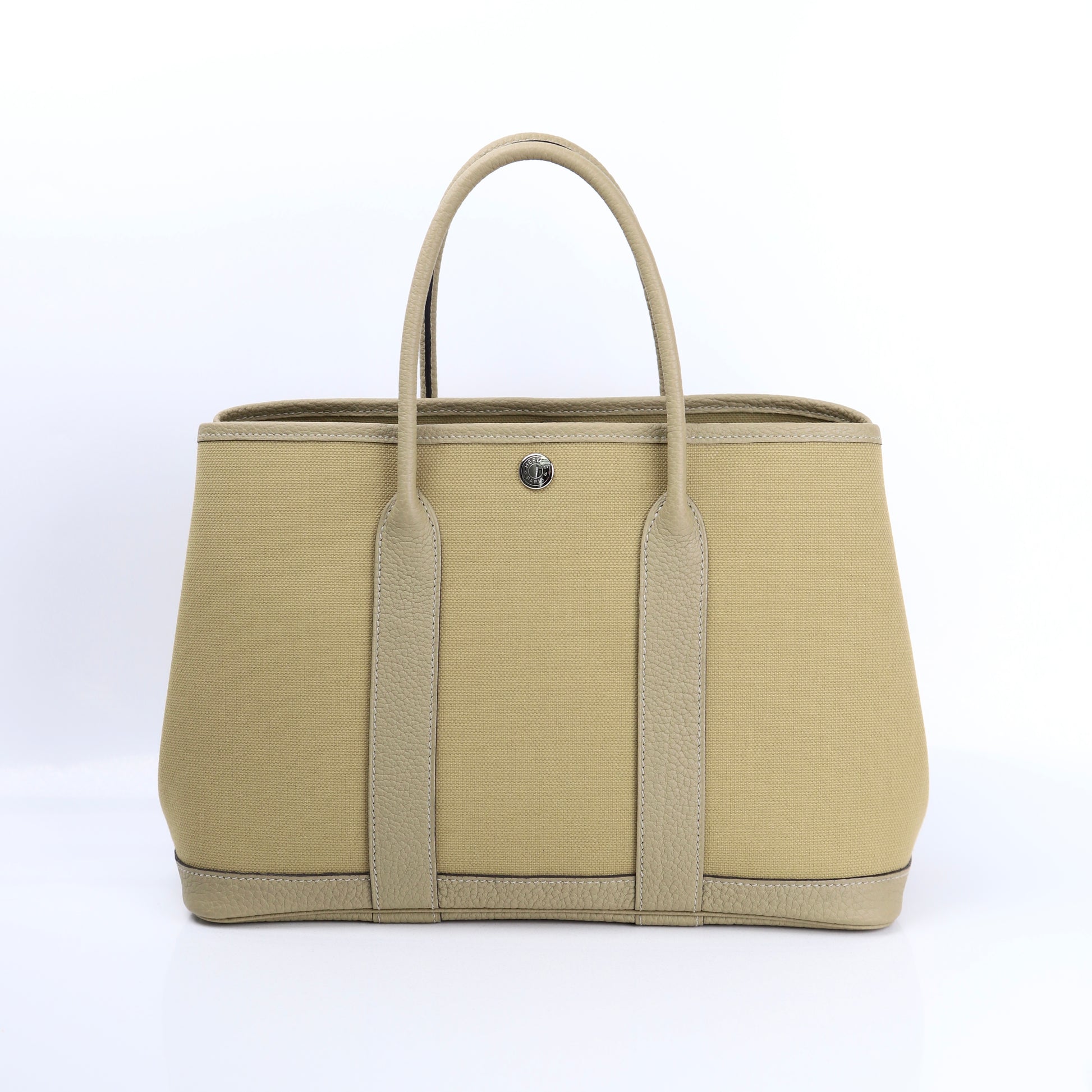 Hermes Garden Party TPM Handbag in  Poussiere Buffalo/Canvas 2022, front view