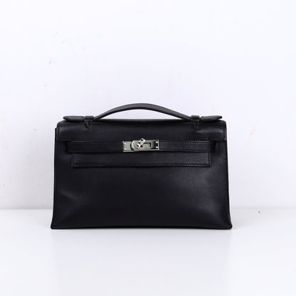 Hermes｜Kelly Pochette Black Handbag Evergrain 2008