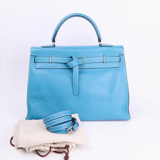Hermes Kelly Flat 35 in Swift Blue Jean 2007 PHW, full view