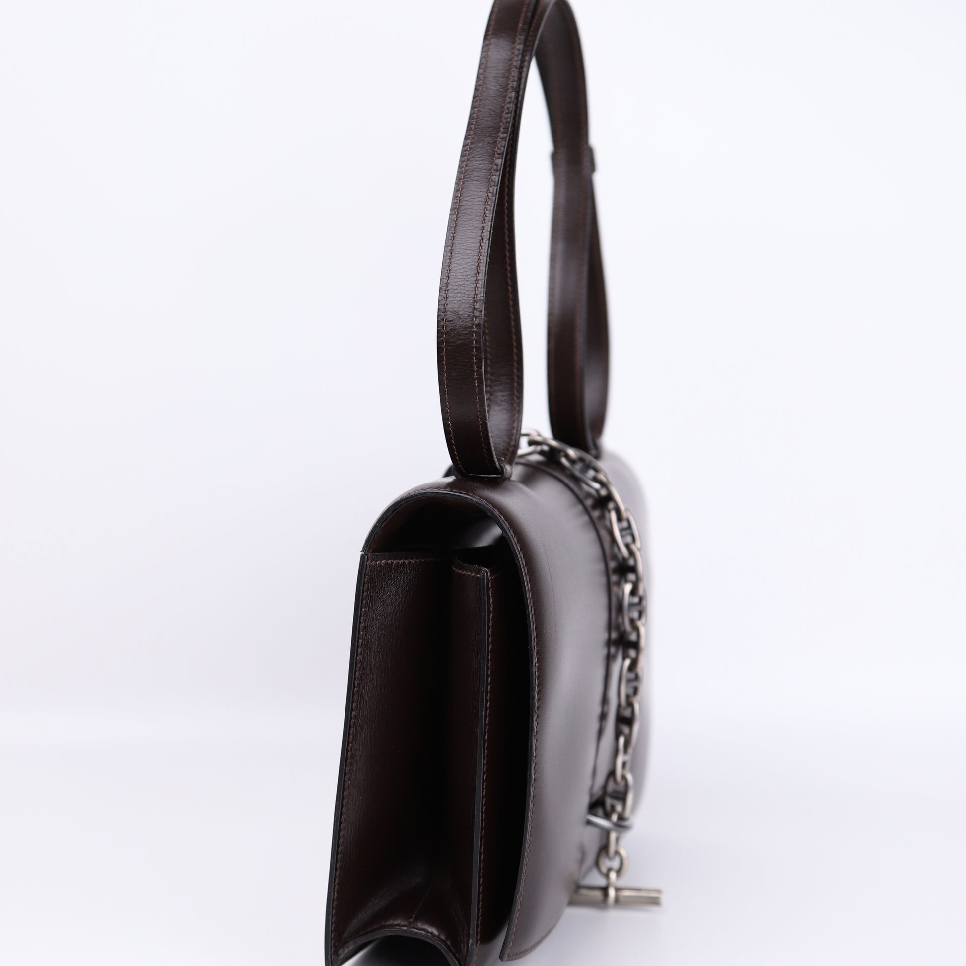 Hermes Sterling Silver Chaine d'Ancre Bag in Box Calf Ebene 1972, left side