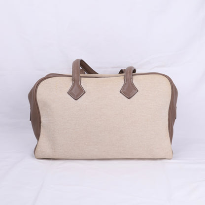 Hermes Victoria 35 Handbag in Taurillon Clemence/Toile Etoupe ,back view 