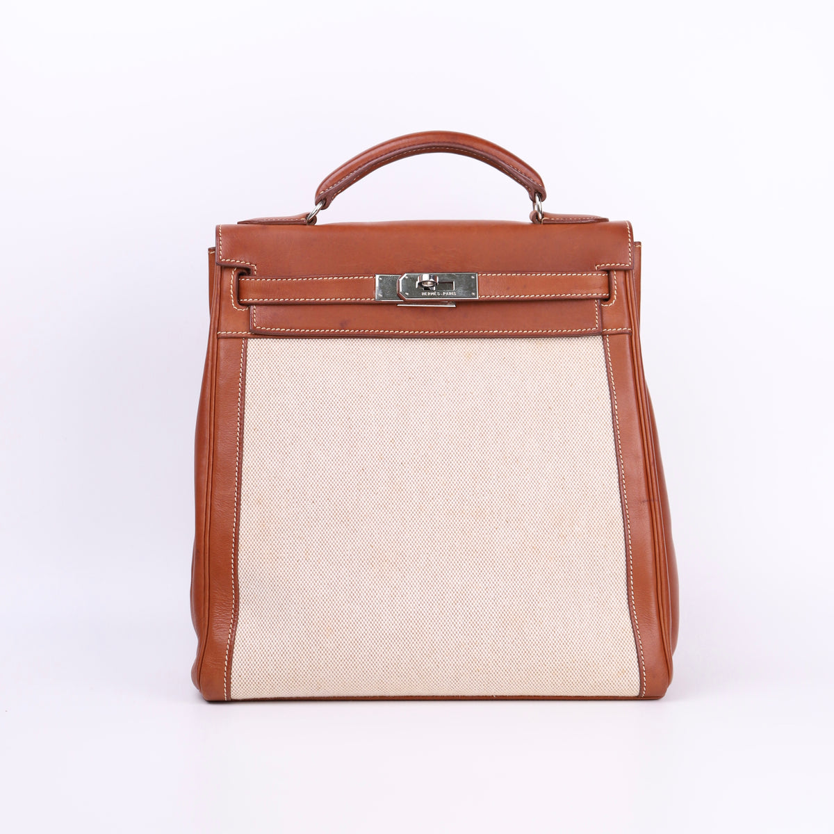 Hermes Kelly Ado GM Backpack in Barenia/Canvas Fauve 2001 PHW, front view