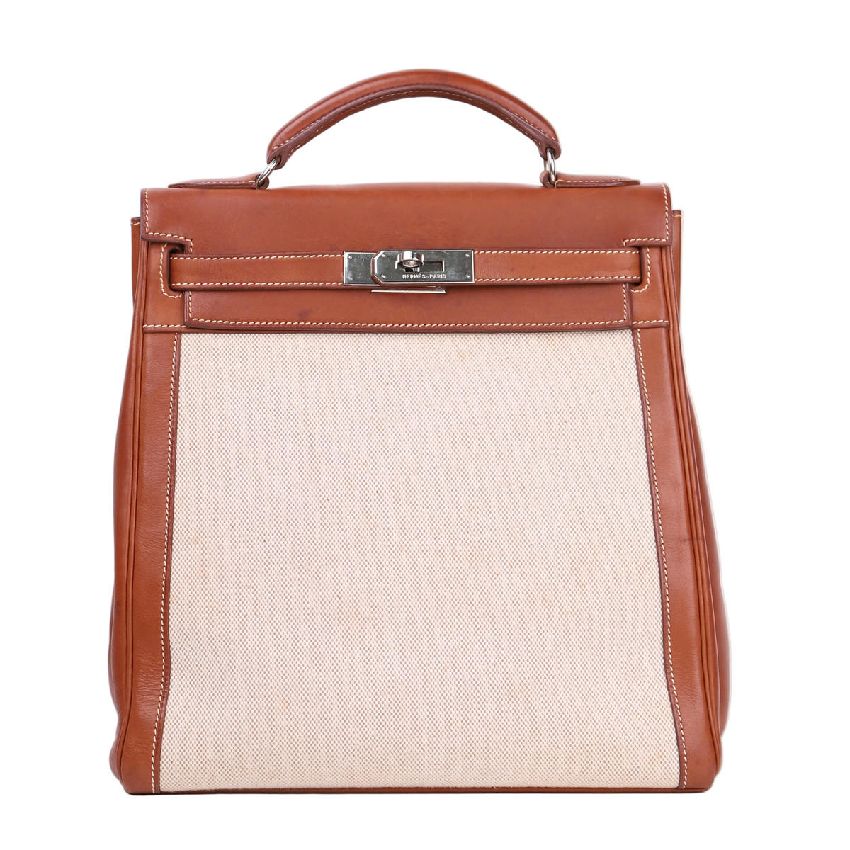 Hermes Kelly Ado GM Backpack in Barenia/Canvas Fauve 2001 PHW, front view