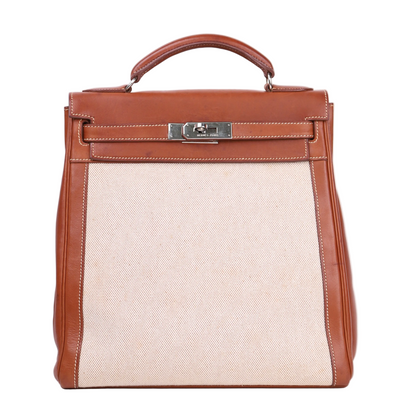 Hermes Kelly Ado GM Backpack in Barenia/Canvas Fauve 2001 PHW, front view