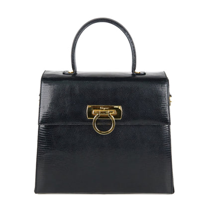 Ferragamo｜ Black Lizard Gancini Handbag
