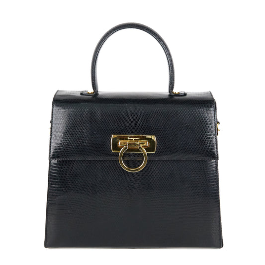 Ferragamo｜ Black Lizard Gancini Handbag