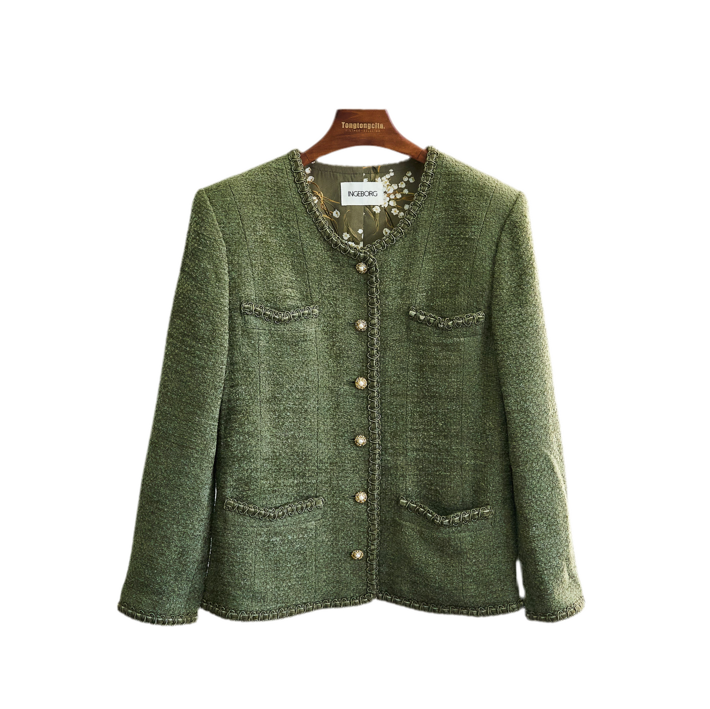 Ingeborg| 90s Tweed Jacket  Green Fake pearl button
