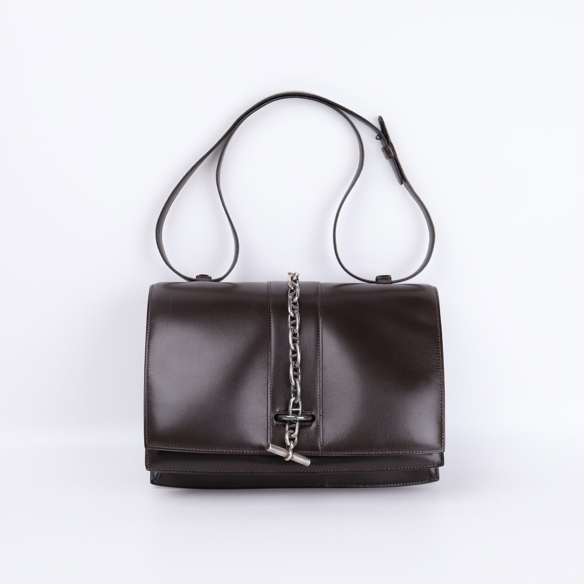 Hermes Sterling Silver Chaine d'Ancre Bag in Box Calf Ebene 1972, front view