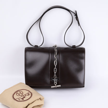 Hermes Sterling Silver Chaine d'Ancre Bag in Box Calf Ebene 1972, full view