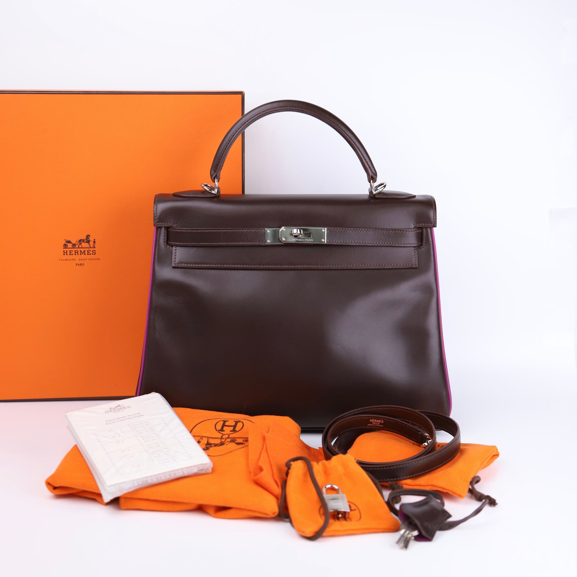 Hermes Kelly 32 Handbag in Box Calf Chocolate/Cyclamen 2005, full view