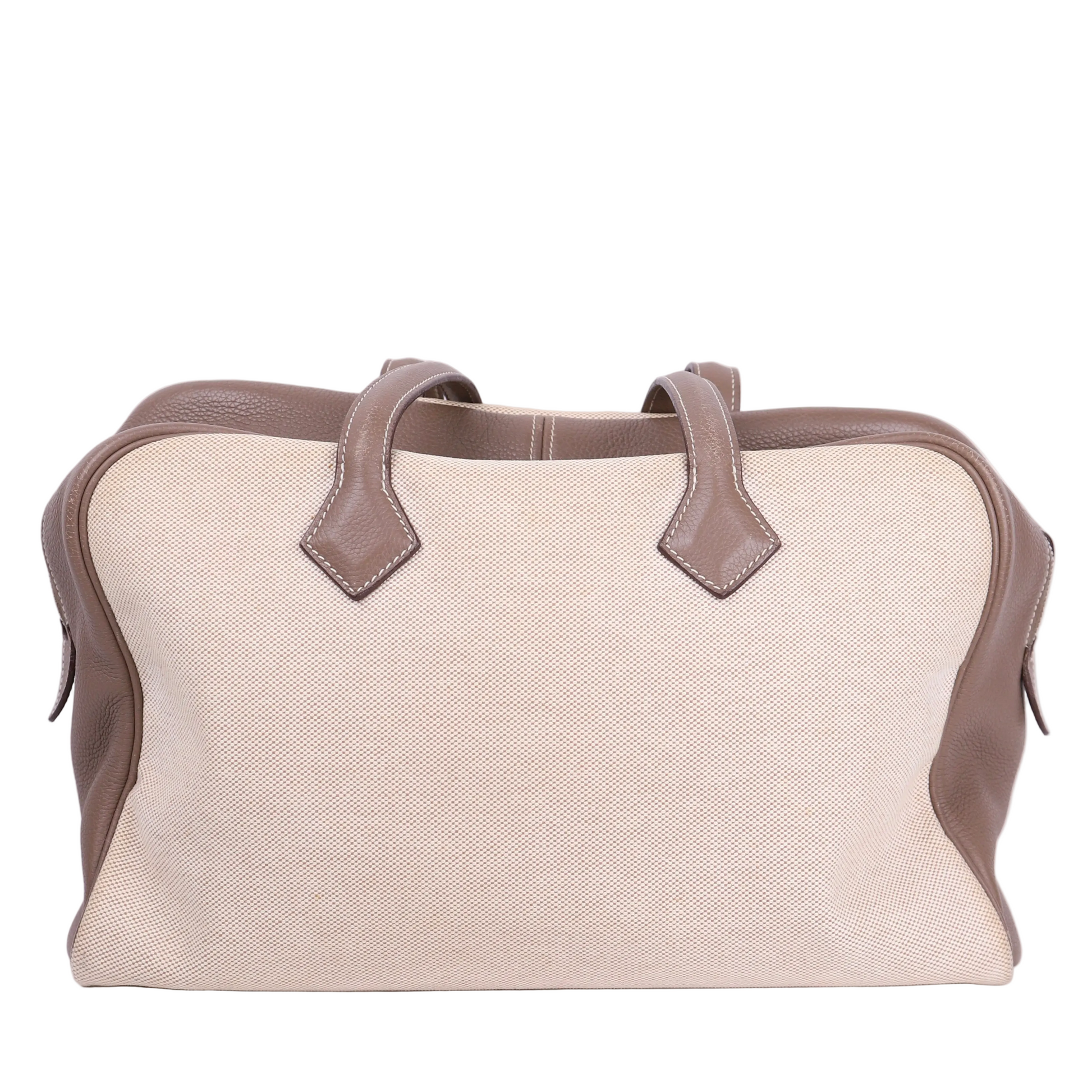 Hermes Victoria 35 Handbag in Taurillon Clemence/Toile Etoupe ,front view