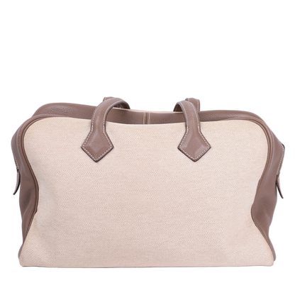 Hermes Victoria 35 Handbag in Taurillon Clemence/Toile Etoupe ,front view