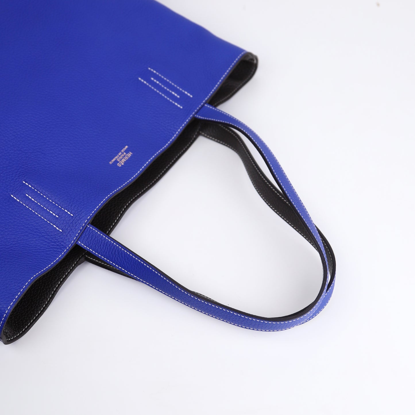 Hermes Double Sens Reversible Tote Bag in Togo Etain / Blue Electric 2010，inside，handle