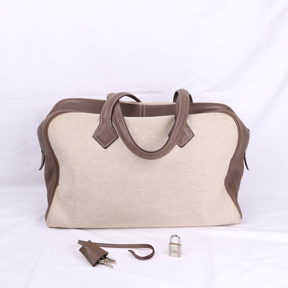 Hermes Victoria 35 Handbag in Taurillon Clemence/Toile Etoupe ,full view