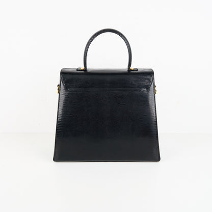 Ferragamo｜ Black Lizard Gancini Handbag