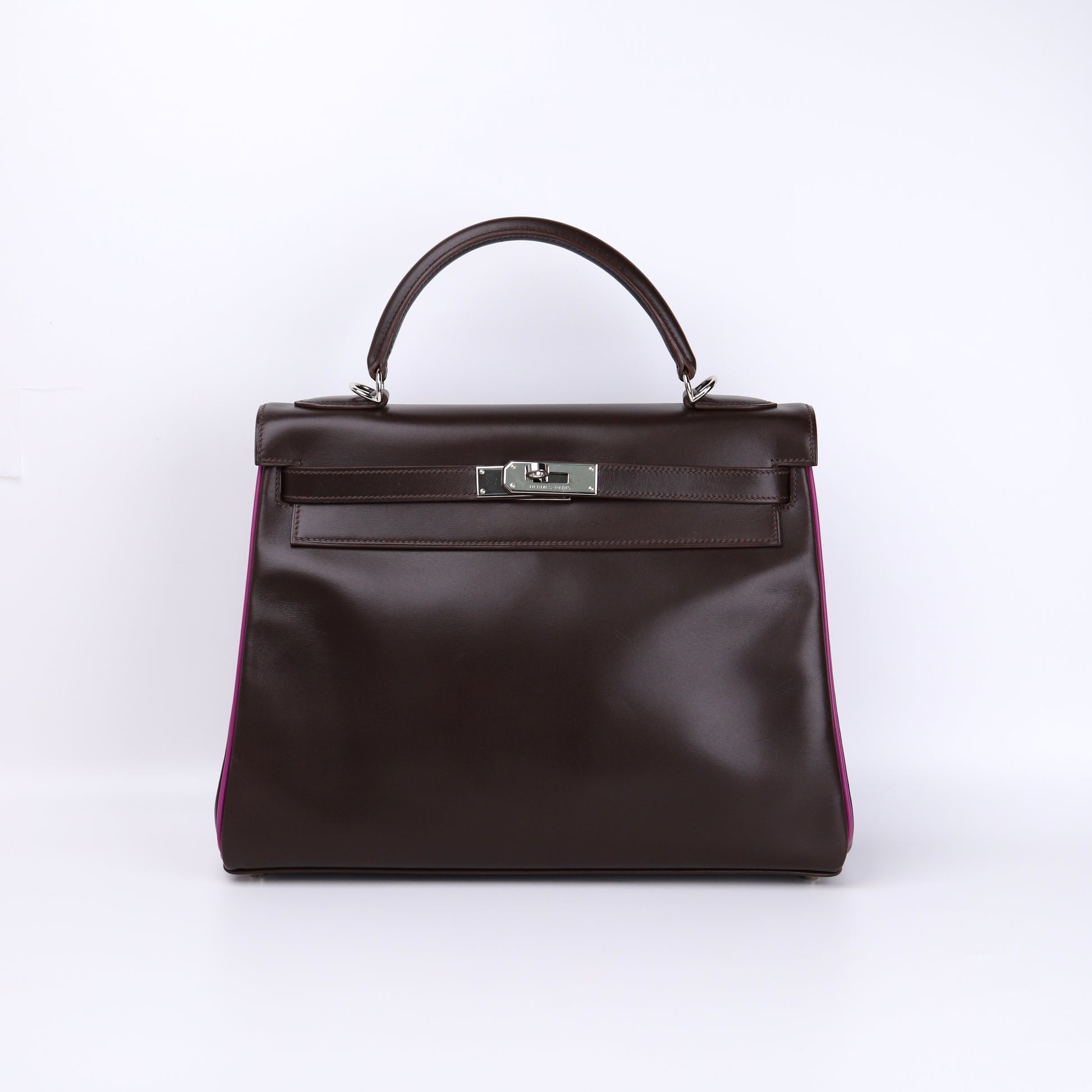 Hermes Kelly 32 Handbag in Box Calf Chocolate/Cyclamen 2005, front view