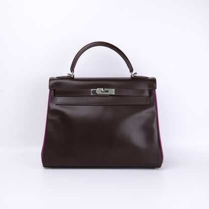 Hermes Kelly 32 Handbag in Box Calf Chocolate/Cyclamen 2005, front view